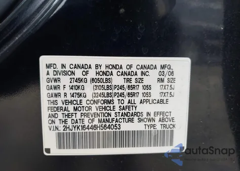 2006 Honda Ridgeline Rts from USA, damaged, VIN 2HJYK16446H564053